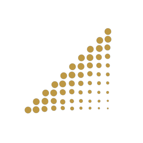 a gold abstract geometric shape composed of dots of different sizes arranged into a right triangle